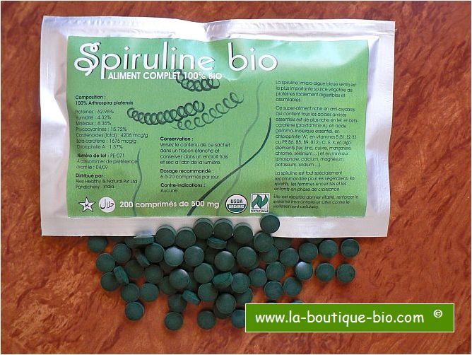 <b>SPIRULINA ORGANIC CERTIFIED<BR>HALAL and KOSHER</b><br>OFF - Spirulina Platensis<br>200 tablets - 100 g